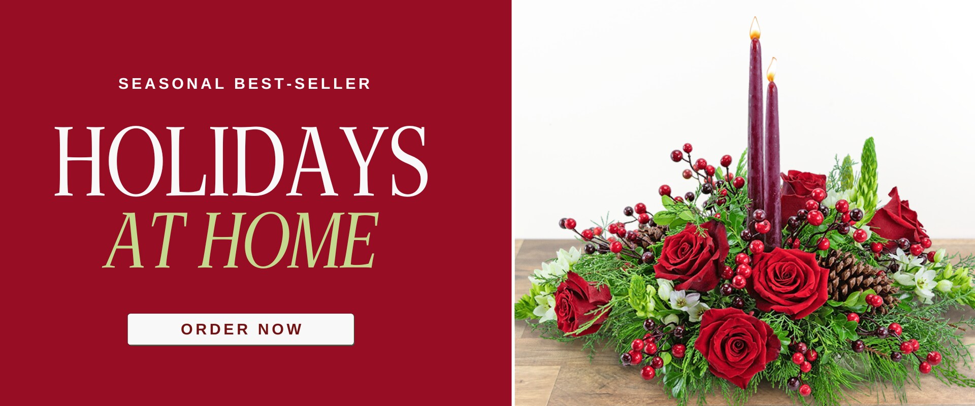 A banner featuring a floral centerpiece with candles and linking to the Christmas category